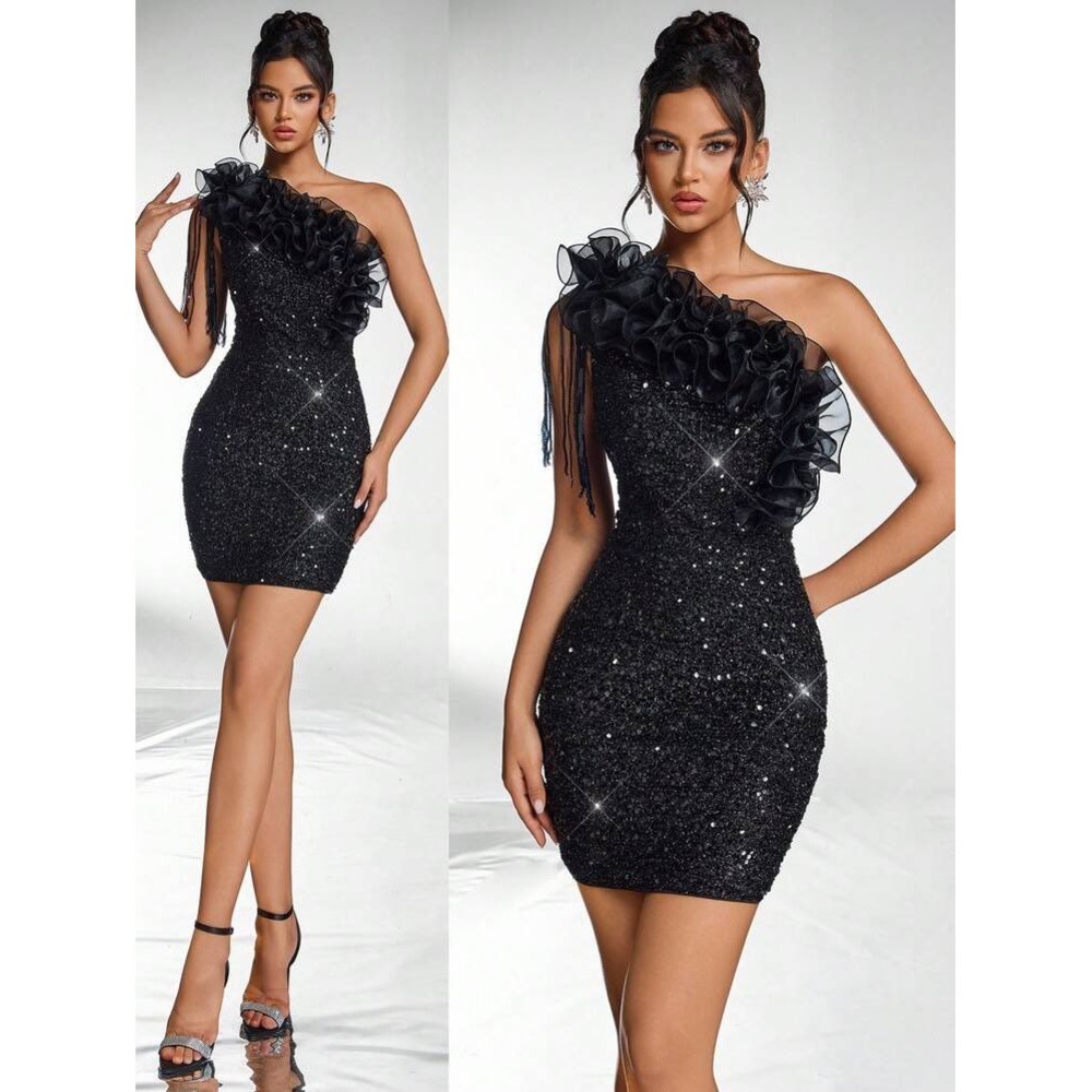 (A3) SHEIN Belle Black Sequin One Shoulder Ruffle Mini Dress Womens‎ Size M NWT